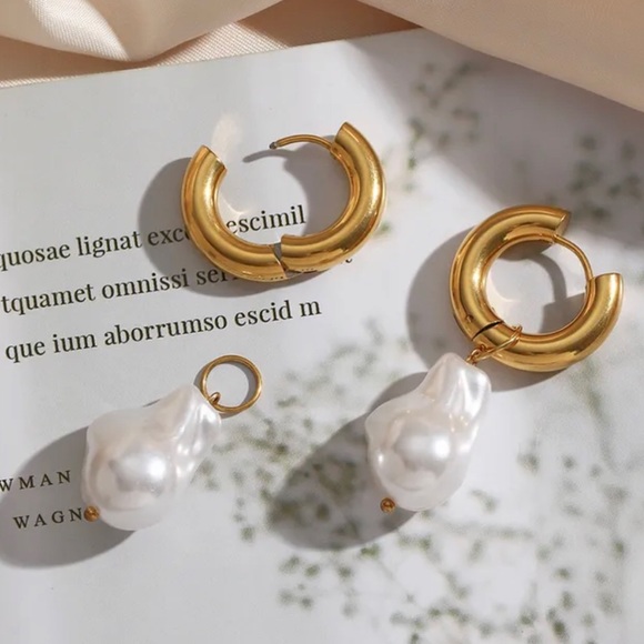 irregular earrings in stainless steel, imitation pearl - Picture 2 of 3